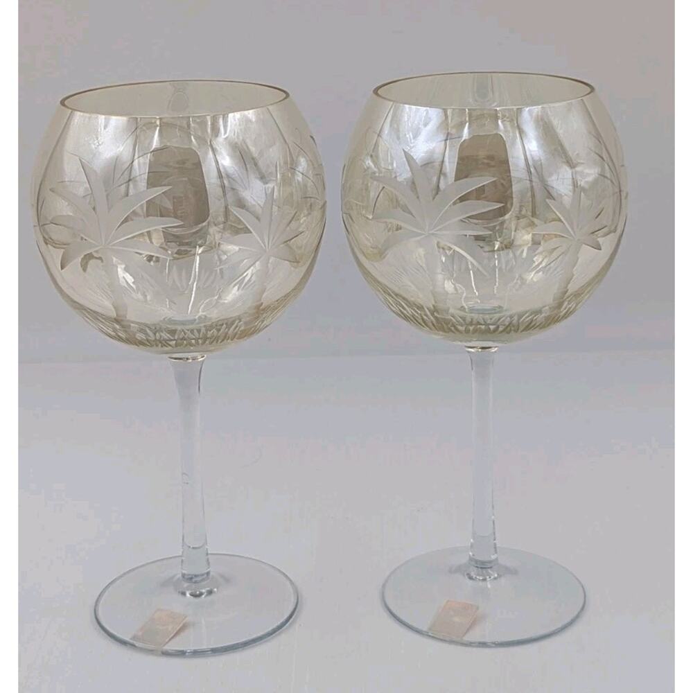 2 Royal Danube Etched Palm Tree Yellowish Luster Balloon Wine Glasses 9" Goblets